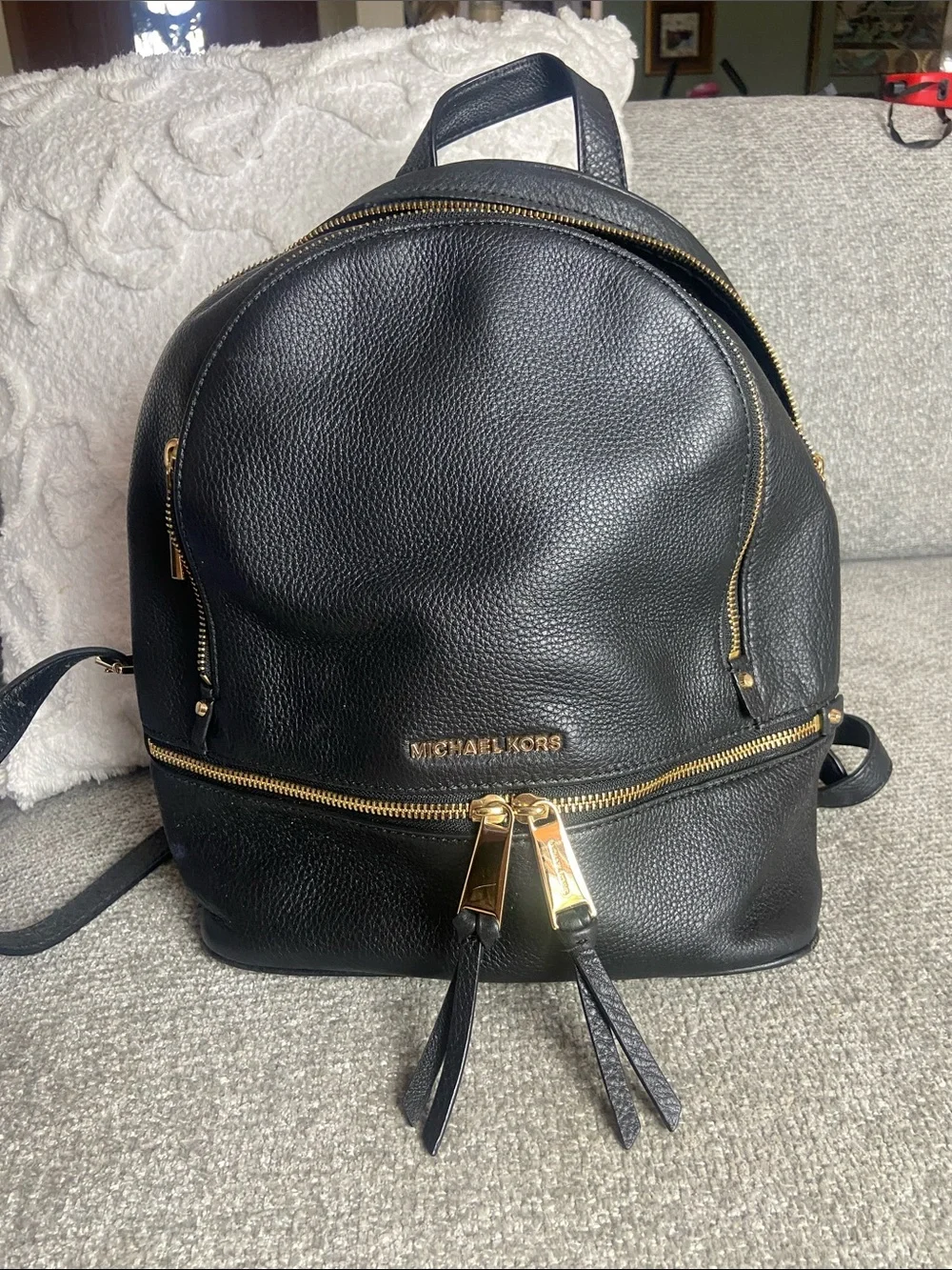 Michael Kors Black Pebbled Leather Backpack with Gold Hardware Accents